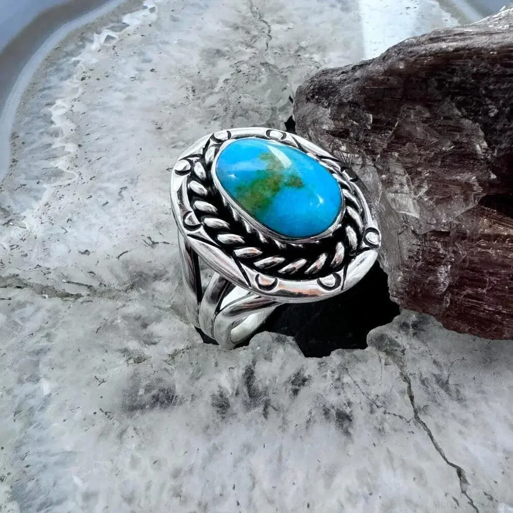 Native American Sterling Silver Oval Sonora Gold Turquoise Ring S 8.25 For Women